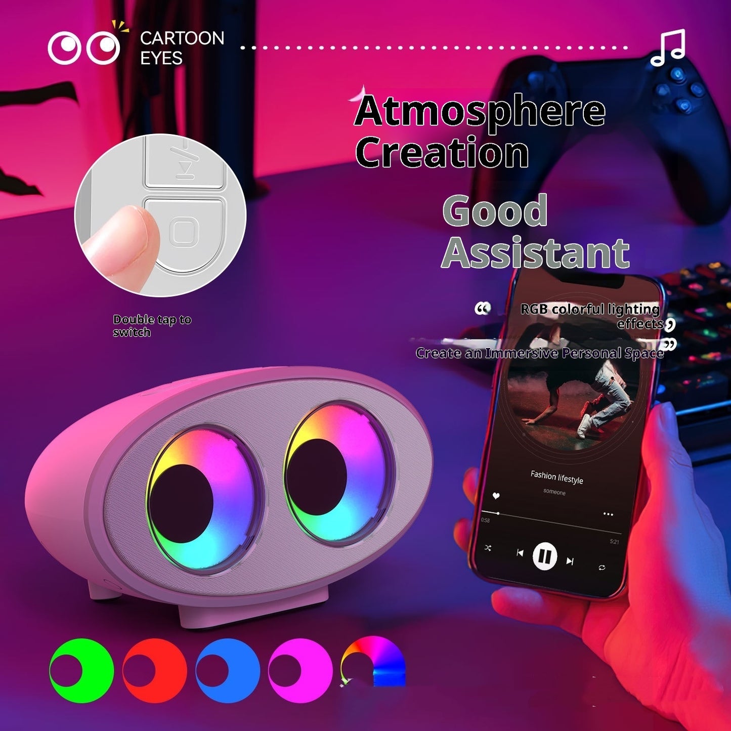 Tecknad öga Bluetooth-högtalare Vitt brus RGB färgglad ljuseffekt