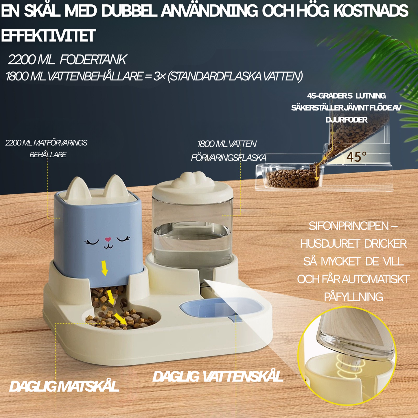 Supergullig 2-i-1 Mat- och Vattenskål för Husdjur – Torr/Våt-Separation, Automatisk Vattentillförsel & Perfekt för Katter och Hundar